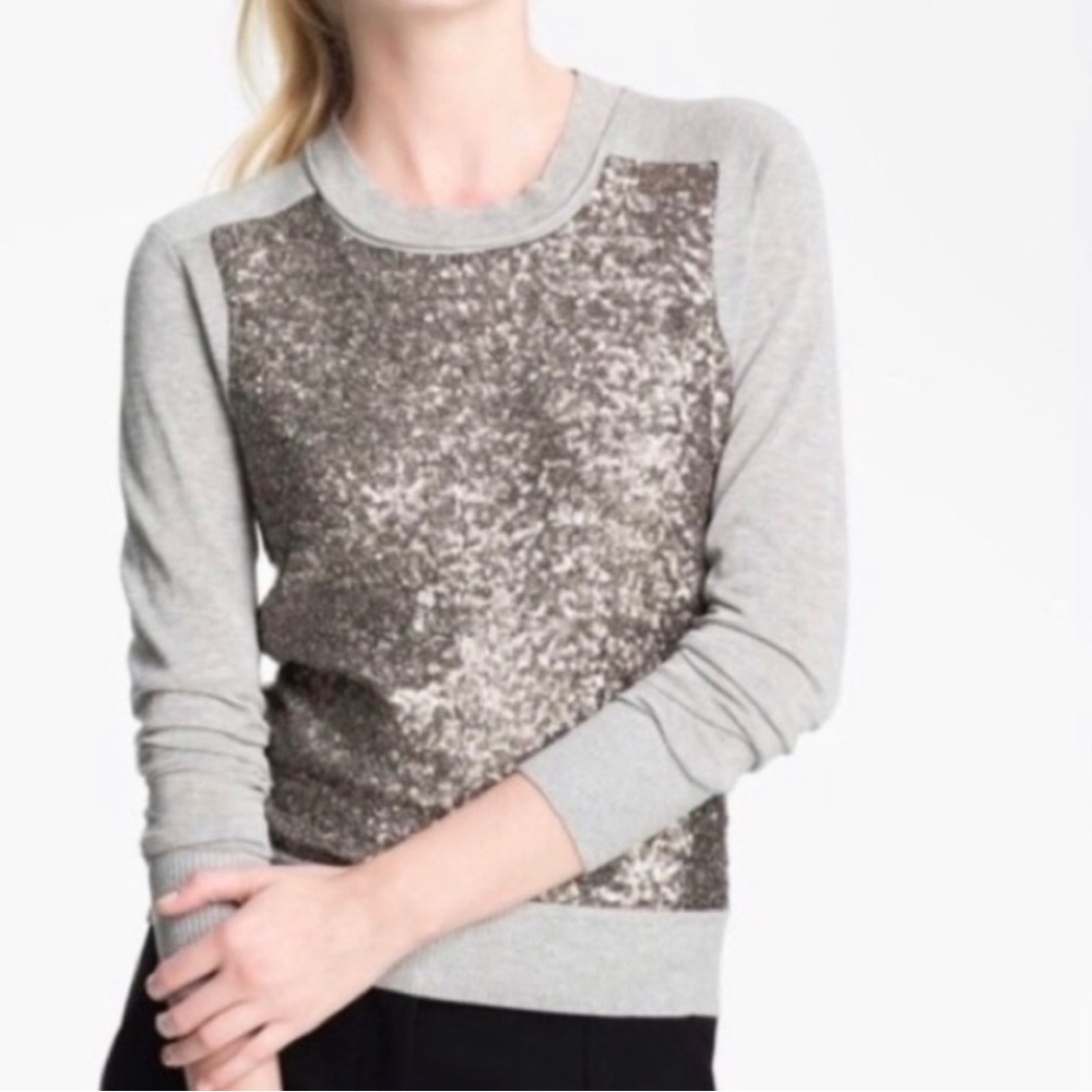 Diane Von Furstenberg Silver Sequin Crew Neck Sweater